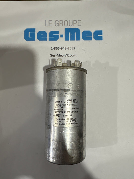 (Usagé) Condensateur de marche CBB65 50/5 MFD, 370 VAC